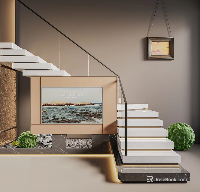 Modern Stairs Interior With White Steps Black Railing Green Spherical Plant And Sea View Screen 3d model 