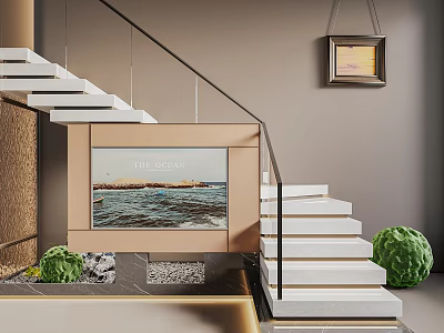 Modern Stairs Interior With White Steps Black Railing Green Spherical Plant And Sea View Screen 3d model