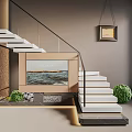 Modern Stairs Interior With White Steps Black Railing Green Spherical Plant And Sea View Screen