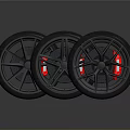 Automotive Parts Sporty Car Tires With Black Rims And Red Brake Calipers