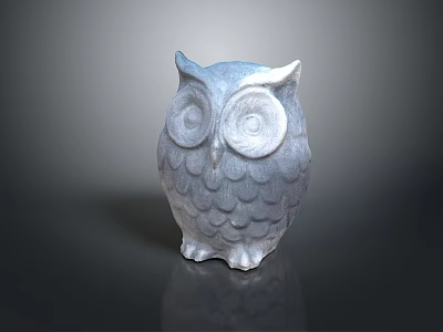 Gray White Owl Sculpture With Feather Texture Round Eyes Standing Pose Dark Background Shiny Surface 3d model
