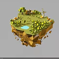 3D Illustration of Floating Island with House Trees and Small Pond