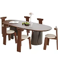 Modern Oval Wooden Dining Table and Chairs Set with Upholstered Seats Open Book Fruit Vase