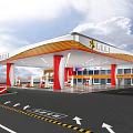 Modern Urban Energy Gas Station Exterior Design With Red Canopy Fuel Pumps And Road