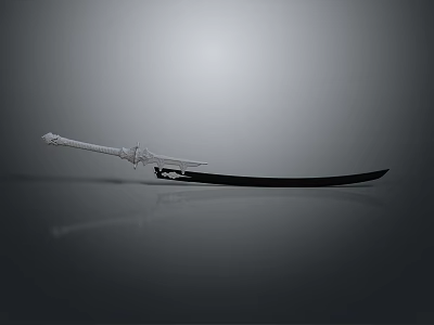Ornate Decorative Sword With Black Blade And Metallic Hilt On Gray Reflective Surface 3d model