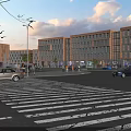 Modern Office Building Exterior With Glass Facades Street View Vehicles And Pedestrians