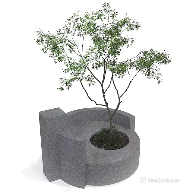 Modern Curved Concrete Tree Planter With Slender Tree Trunk And Green Leaves 3d model 