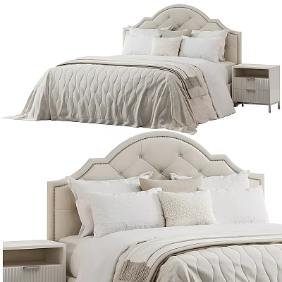 Elegant Modern Double Bed With Tufted Headboard White Pillows Quilted Bedspread 3d model