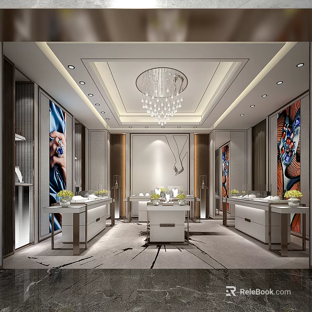 Elegant Boutique Interior With White Display Counters Crystal Chandeliers And Decorative Wall Art 3d model 