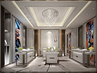 Elegant Boutique Interior With White Display Counters Crystal Chandeliers And Decorative Wall Art 3d model