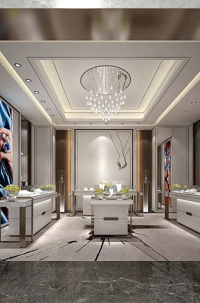 Elegant Boutique Interior With White Display Counters Crystal Chandeliers And Decorative Wall Art 3d model