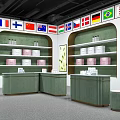 Specialty Store with Transparent Glass Building Display Cabinets International Flags and Cake
