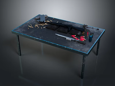 Rifle With Bullets Magazines Cleaning Brush And Bottle On Metal Table 3d model