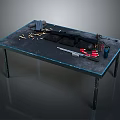 Rifle With Bullets Magazines Cleaning Brush And Bottle On Metal Table