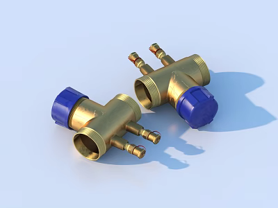 Brass Plumbing Valves With Blue Knobs And Multiple Ports Design 3d model