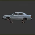 Old Abandoned Faded Sedan Placed On Rusty Metal Stands Against Gray Background