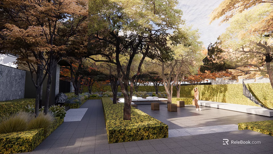 Serene Garden Landscape Design With Lush Trees Trimmed Hedges Stone Pathways and Seating 3d model 