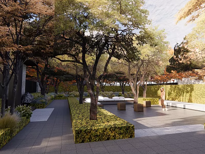 Serene Garden Landscape Design With Lush Trees Trimmed Hedges Stone Pathways and Seating 3d model