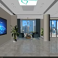 Modern Front Desk Reception Area With Sofa Plants TV Screen And City View Windows