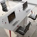 Modern Office Desk Design With Computer Monitors Keyboards And Black Office Chairs