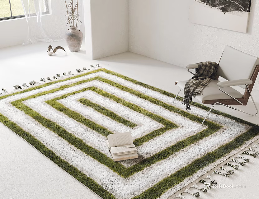 Square Green And White Geometric Carpet With Tassels In White Room With Chair And Books 3d model 