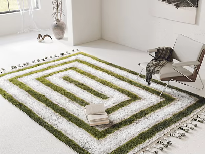 Square Green And White Geometric Carpet With Tassels In White Room With Chair And Books 3d model