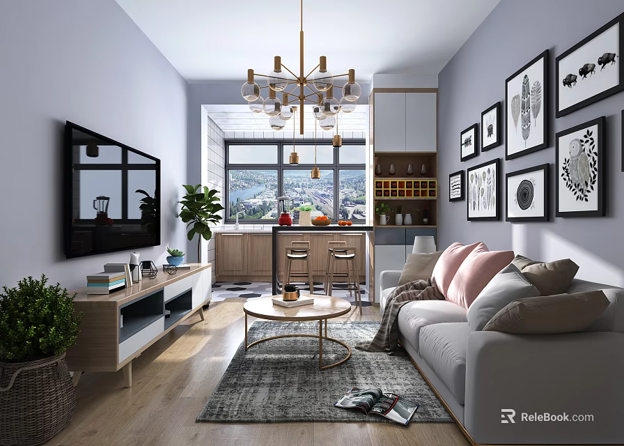 Modern Living Room Interior Design With Sofa Pillows Coffee Table Chandelier TV And Wall Art 3d model 