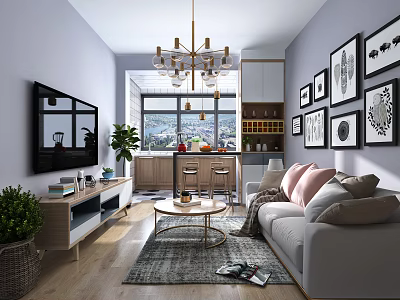 Modern Living Room Interior Design With Sofa Pillows Coffee Table Chandelier TV And Wall Art 3d model