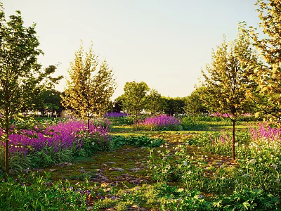 Beautiful Scenic Meadow With Purple Flowers Lush Trees Mossy Stones And Green Grass 3d model