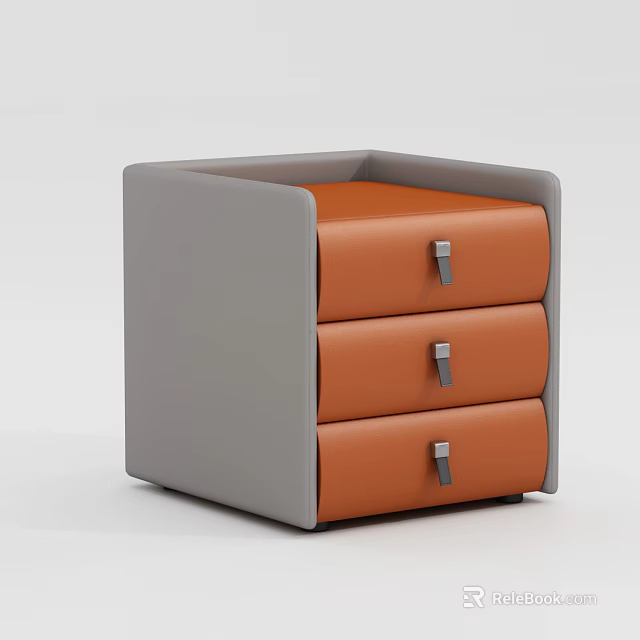Modern Bedside Table Featuring Three Orange Drawers Gray Frame And Metal Handles 3d model
