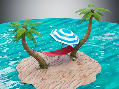 Cartoon Scene of Island With Palm Trees Striped Umbrella Red Hammock Blue Water and Starfish 3d model