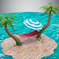 Cartoon Scene of Island With Palm Trees Striped Umbrella Red Hammock Blue Water and Starfish