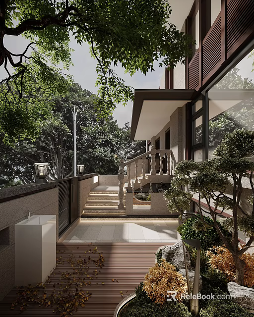 Courtyard Garden Design With Stone Stairs Decorative Railing Lush Trees And Green Plants 3d model 