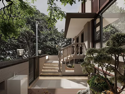 Courtyard Garden Design With Stone Stairs Decorative Railing Lush Trees And Green Plants 3d model