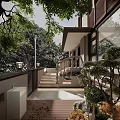 Courtyard Garden Design With Stone Stairs Decorative Railing Lush Trees And Green Plants