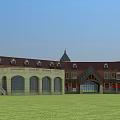 Traditional Commercial Street With Brown Sloped Roofs And Green Lawn Surroundings