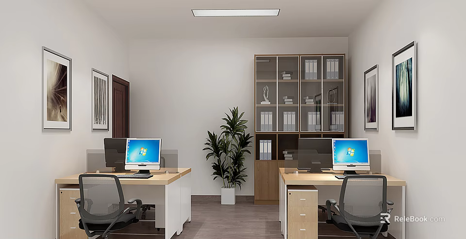 Modern Office Interior With Two Desks Computers Green Plant And Bookshelf 3d model 