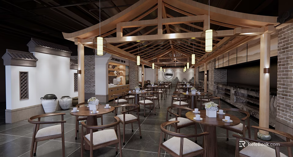 Traditional Chinese Restaurant Interior Featuring Wooden Roof Hanging Lights Round Tables And Chairs 3d model 