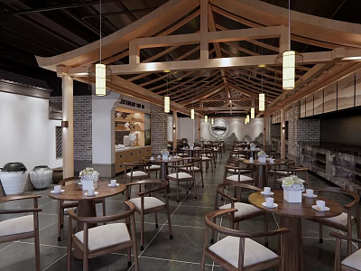 Traditional Chinese Restaurant Interior Featuring Wooden Roof Hanging Lights Round Tables And Chairs 3d model