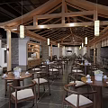 Traditional Chinese Restaurant Interior Featuring Wooden Roof Hanging Lights Round Tables And Chairs