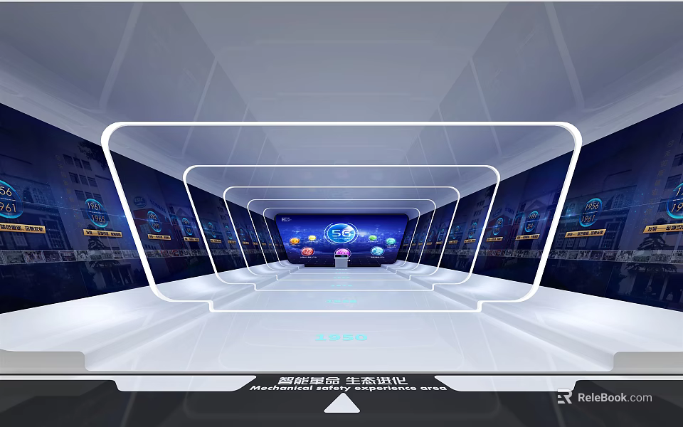 Futuristic Tech Exhibition Hall With Digital Screens Illuminated Lines And Control Console 3d model 