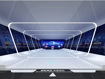 Futuristic Tech Exhibition Hall With Digital Screens Illuminated Lines And Control Console 3d model