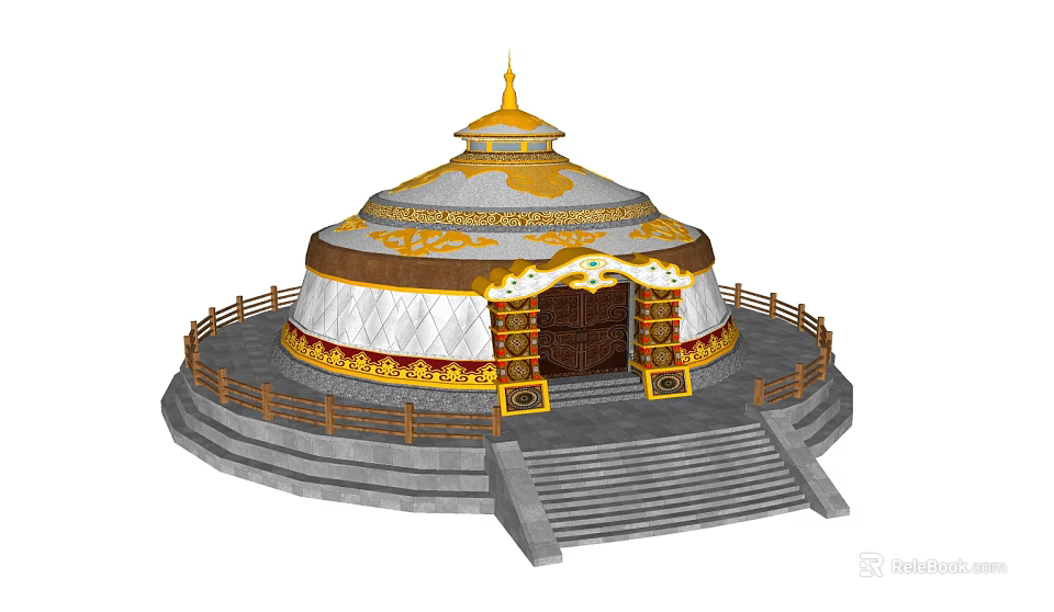 Traditional Mongolian Yurt Structure With Golden Decorated Dome Wooden Fence And Stone Steps 3d model 