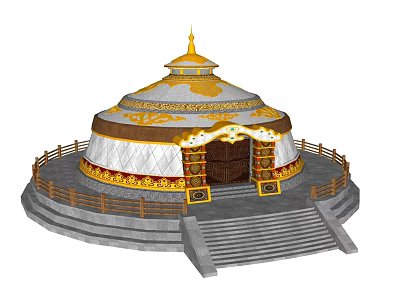 Traditional Mongolian Yurt Structure With Golden Decorated Dome Wooden Fence And Stone Steps 3d model