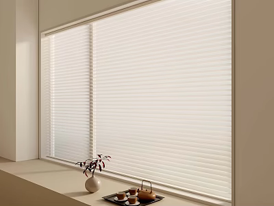 Elegant Window Blinds Interior With Vase Tray And Tea Set 3d model