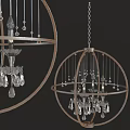 Elegant Circular Chandelier With Wooden Frame Metal Rods And Crystal Pendants