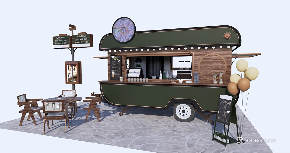 Green Mobile Food Cart With Wooden Design Service Window And Outdoor Seating 3d model 