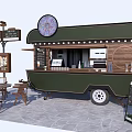 Green Mobile Food Cart With Wooden Design Service Window And Outdoor Seating