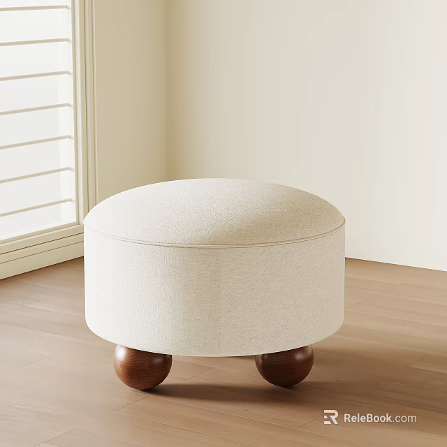 Round Beige Fabric Stool With Wooden Legs In Light Room Setting 3d model 