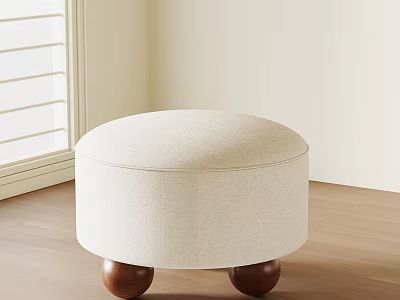 Round Beige Fabric Stool With Wooden Legs In Light Room Setting 3d model